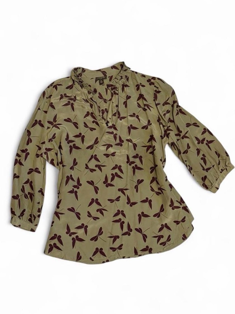 Ann Taylor Silk Sage Green Blouse with Plum Butterfly Print, XL